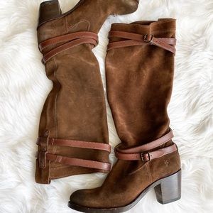 Frye Jane Tall Strappy Boots Brown Suede 7.5B